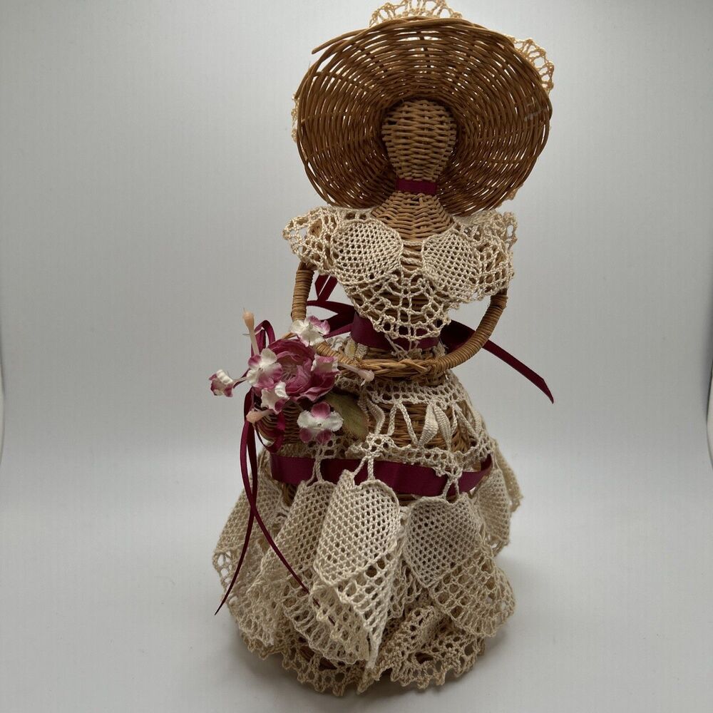 Vintage Country Wicker Lady Handmade Doll Figure Flower Basket Cottagecore Decor